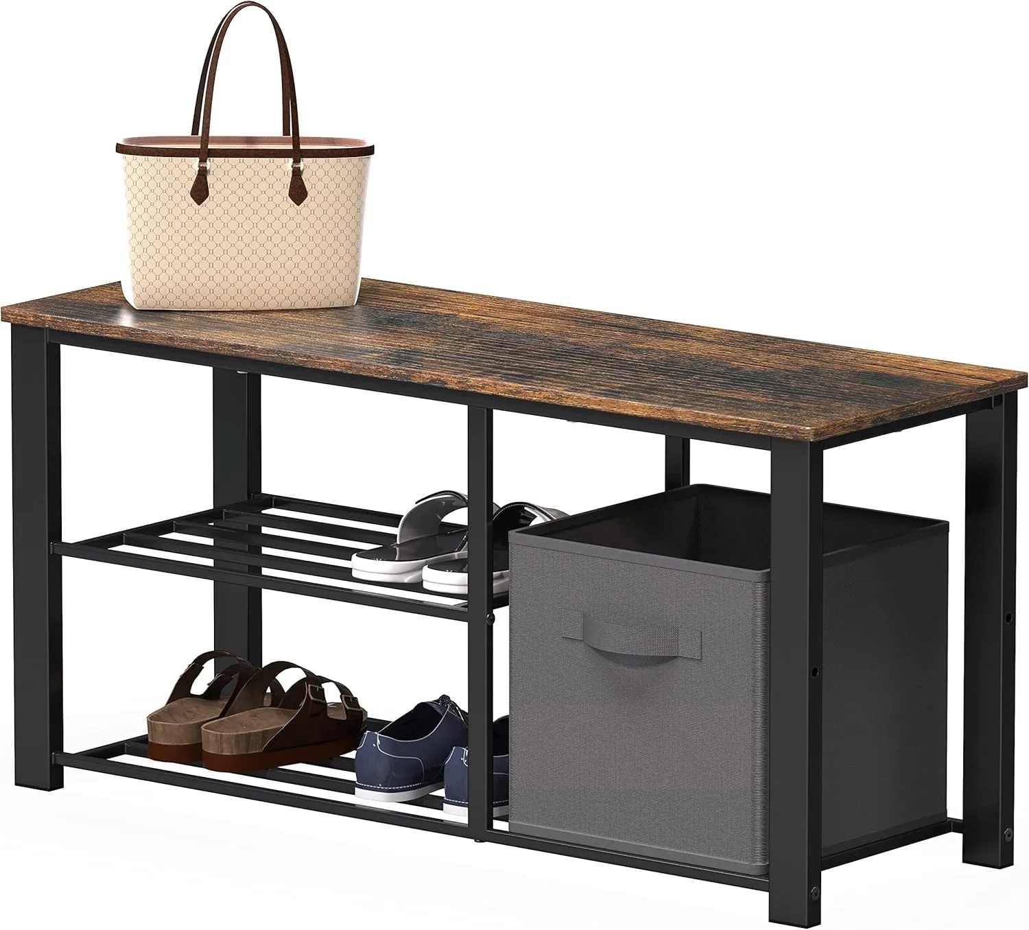 2-Tier Wood Top Shoe Bench (Rustic Brown)