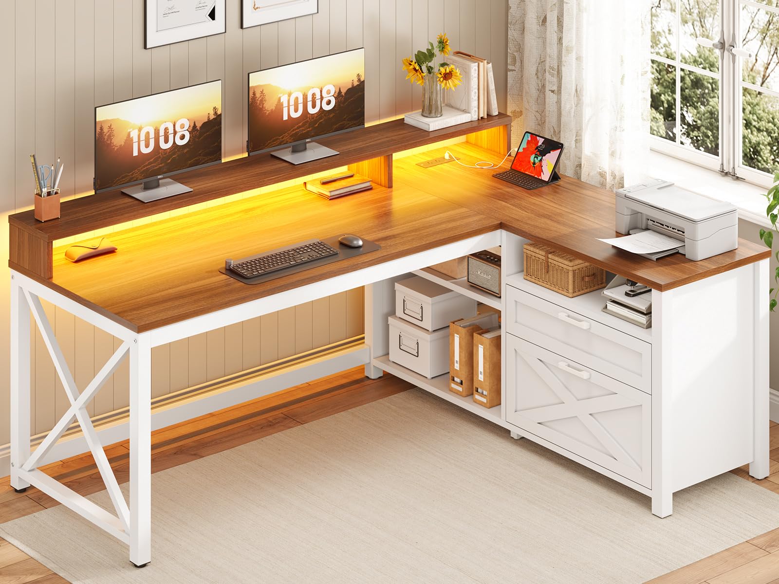 Farmhouse L-Shaped LED Gaming Desk HH41142